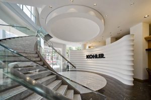 接待大廳圓形天花吊頂戶(hù)型波浪形形象墻