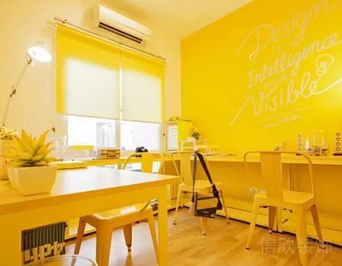 黃色溫馨辦公室裝修設(shè)計鏤空簡約桌椅