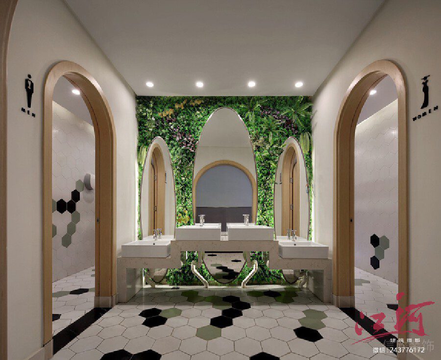 木質(zhì)對(duì)稱式洗手間瓷磚洗手臺(tái)裝修圖