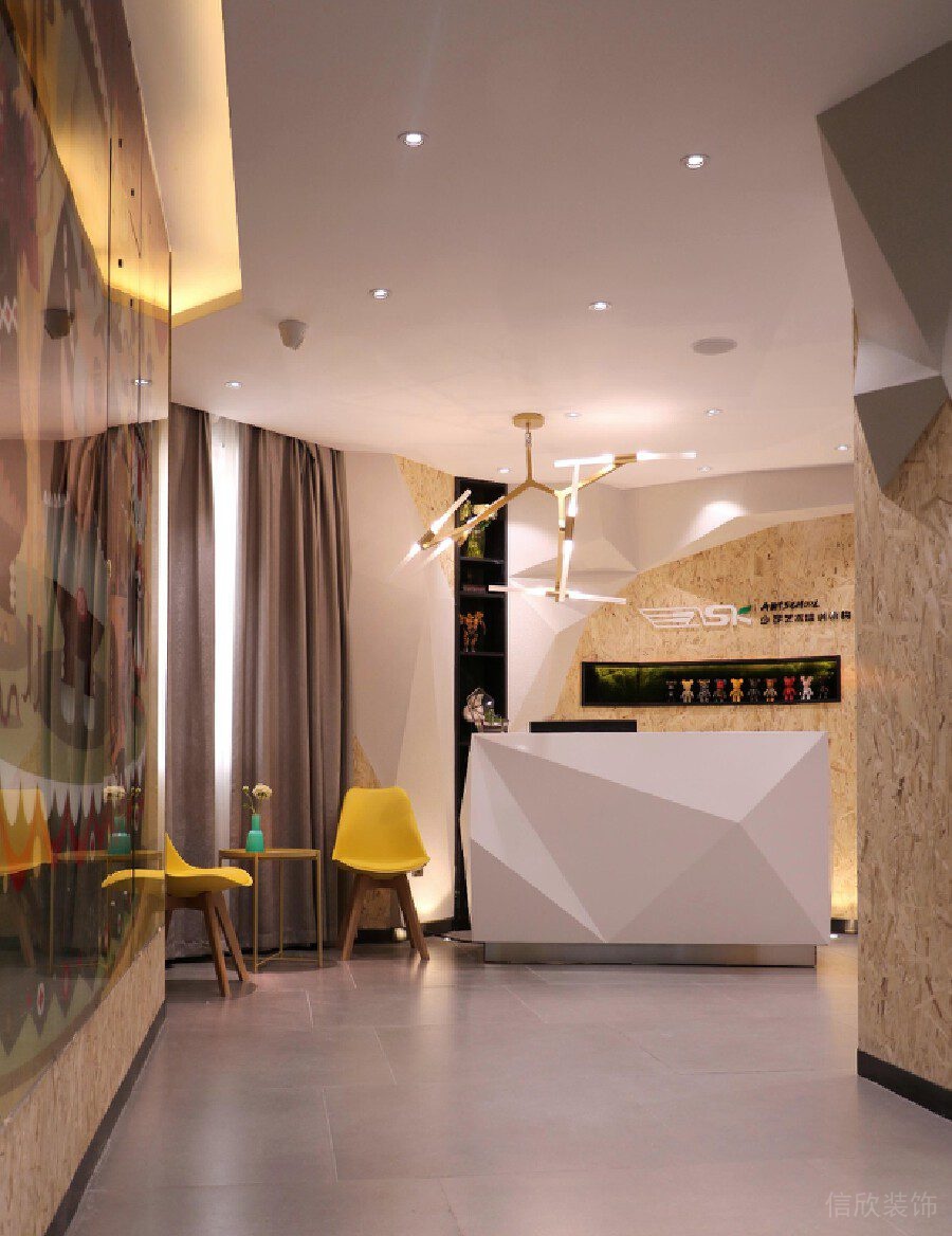 幾何創(chuàng)意培訓(xùn)機(jī)構(gòu)前臺區(qū)設(shè)計圖黃色休息區(qū)