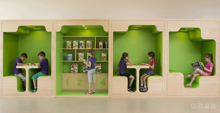 面對面楓木綠色環保兒童閱讀自習室裝修效果圖