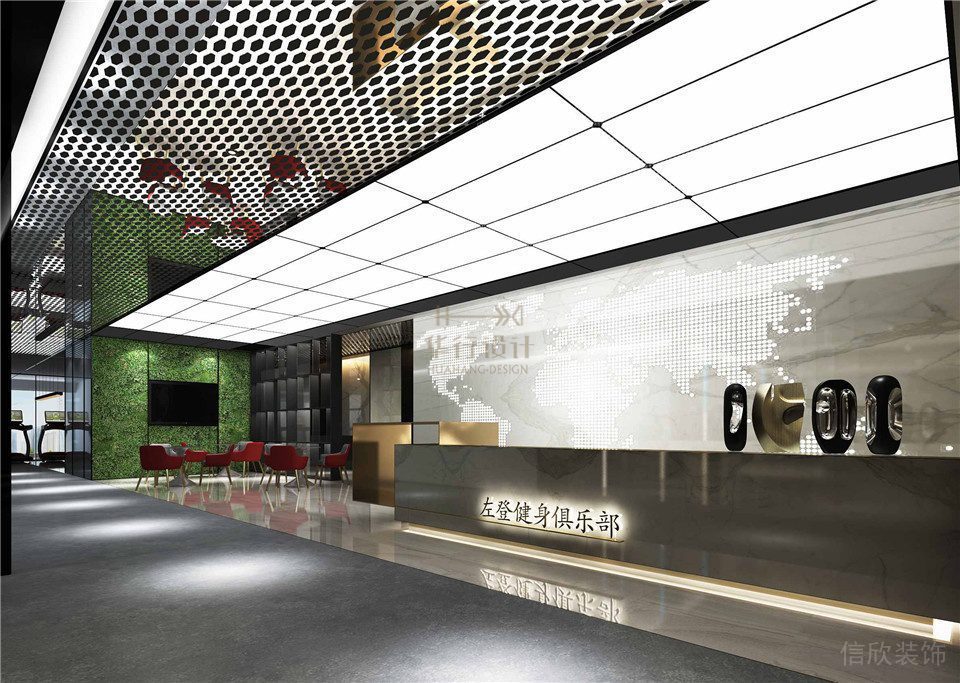 金屬過道設(shè)計(jì)led燈前臺區(qū)域大理石效果圖健身俱樂部