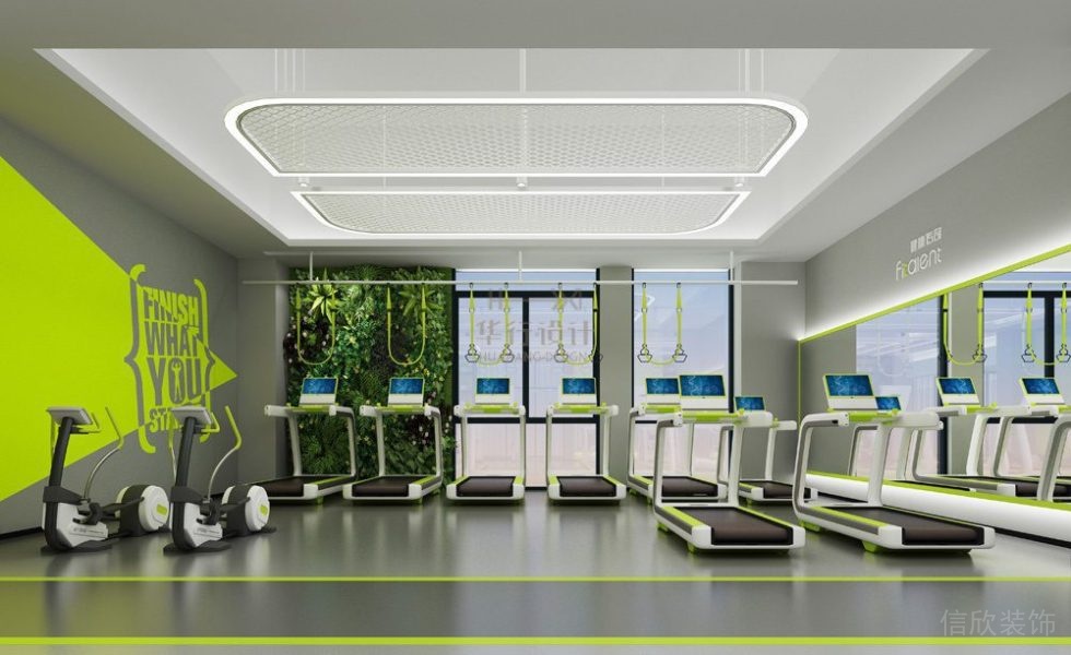 熒光綠跑步機智能有氧區(qū)直線設計簡約天花金屬吊頂