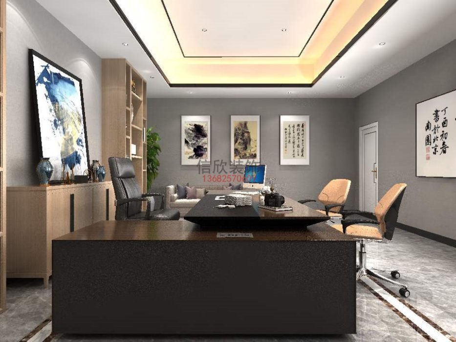 深色木制環(huán)形幾何總裁辦公室休息區(qū)大理石地板效果