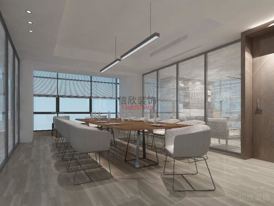 現代會議室木制工作桌直線長桌辦公室效果圖