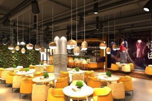 現(xiàn)代健身房修設(shè)計(jì)天花吊頂黃色沙發(fā)