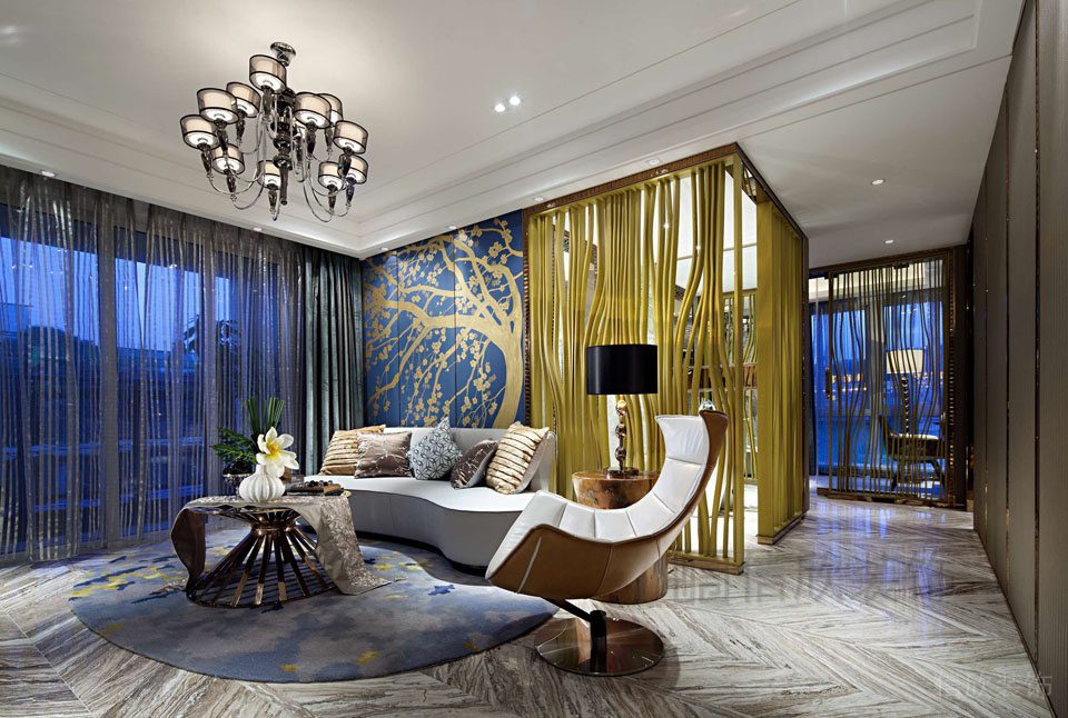 現(xiàn)代創(chuàng)意輕奢風(fēng)水晶吊頂弧形沙發(fā)休息區(qū)大理石地板全屋定制設(shè)計(jì)