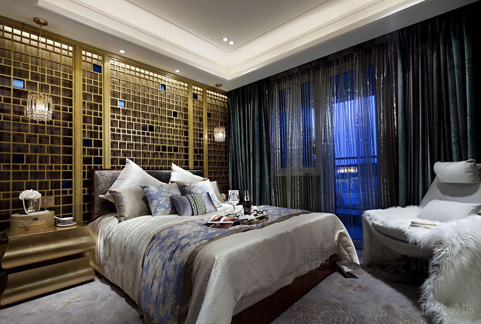 輕奢風(fēng)裝修設(shè)計(jì)臥室效果圖現(xiàn)代流金金色墻體創(chuàng)意設(shè)計(jì)
