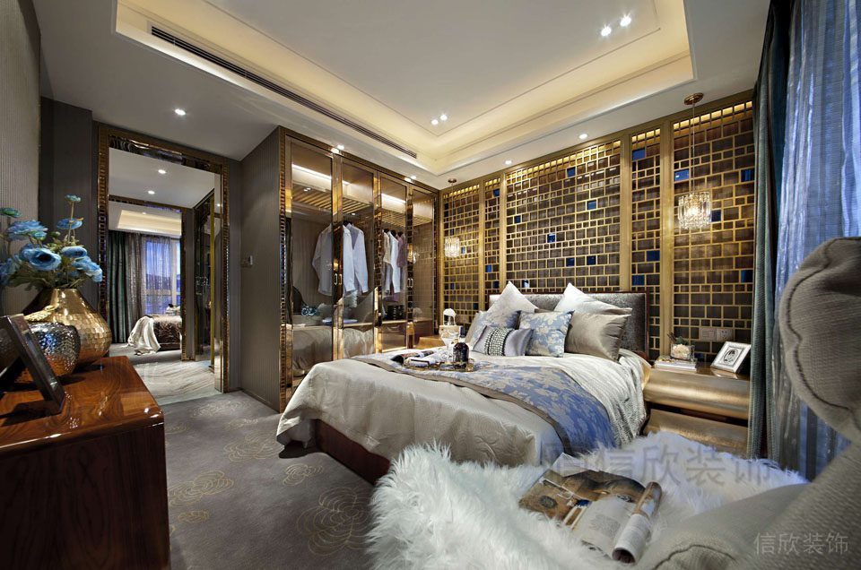 輕奢風(fēng)現(xiàn)代北歐風(fēng)臥室設(shè)計(jì)地毯裝修鎏金墻體設(shè)計(jì)