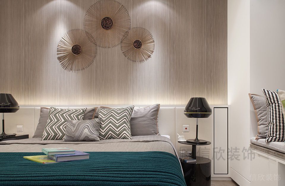 蒲公英木質(zhì)墻體臥室效果圖內(nèi)嵌式收納柜皮革軟包墻體設(shè)計(jì)