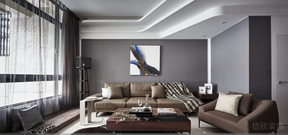 皮革棕色沙發環形層疊天花線條設計大廳裝修。