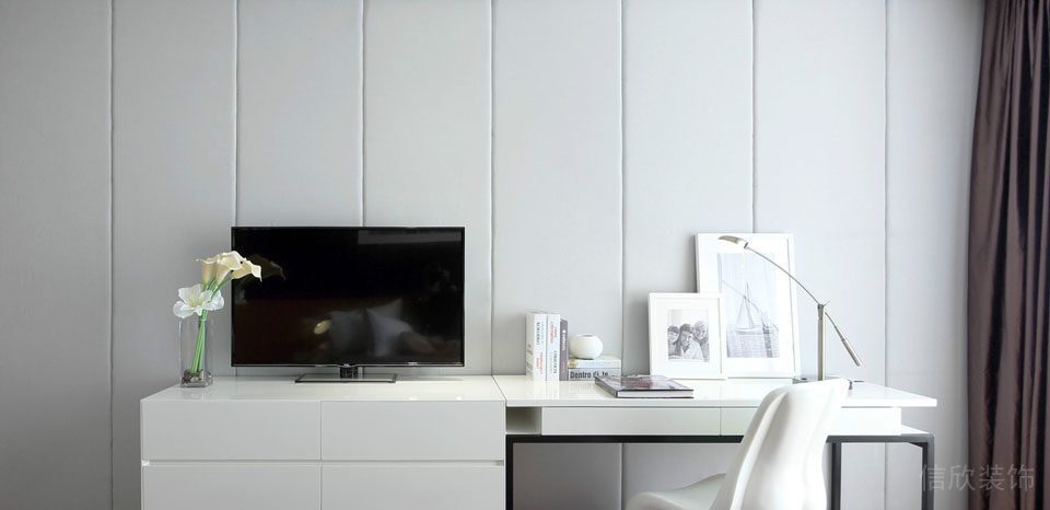 黑白書(shū)房裝修效果圖臥室收納桌設(shè)計(jì)軟包條紋墻體