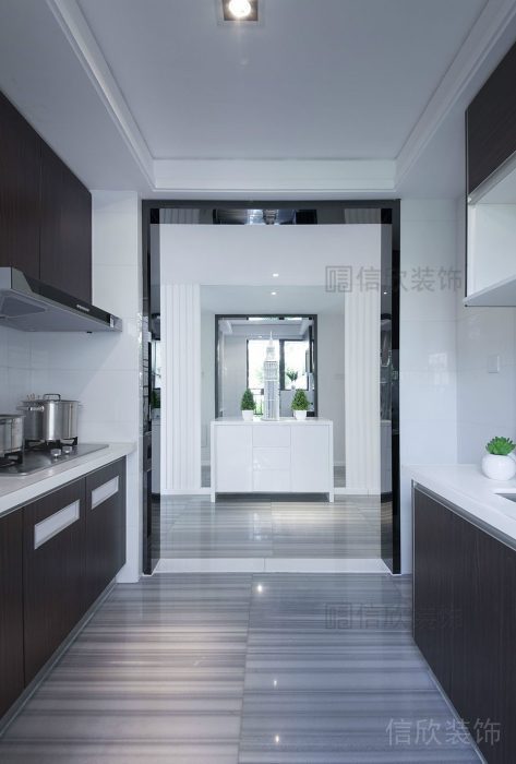 廚房裝修設計金屬環(huán)形木質地板簡約黑白色調效果圖