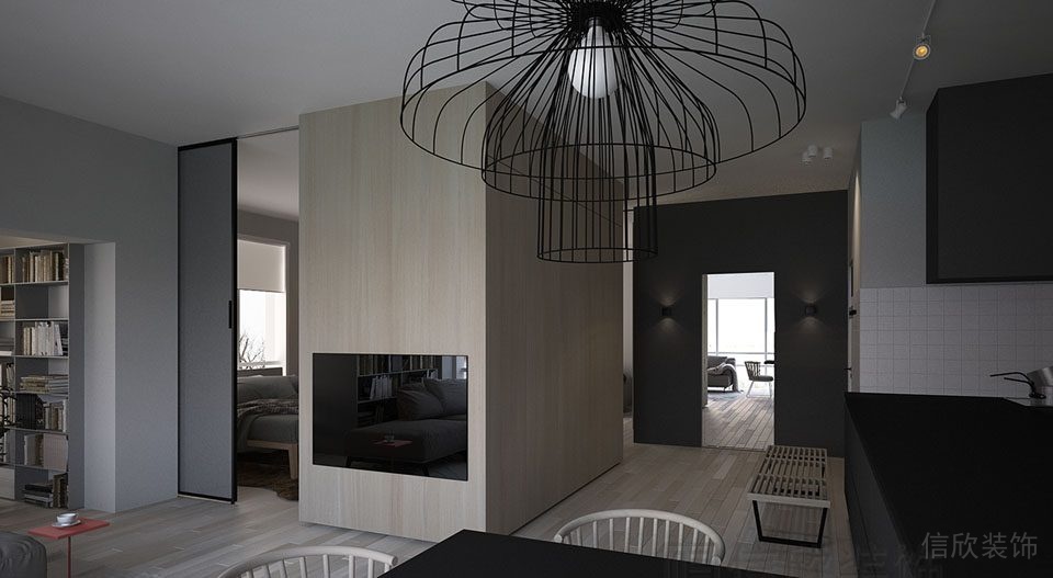 天花創(chuàng)意吊頂木質(zhì)拐角過道休息區(qū)餐廚一體全屋定制開放式廚房裝修