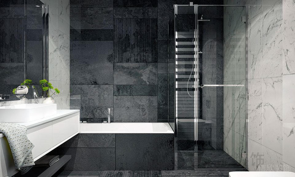裝修設(shè)計(jì)衛(wèi)生間干濕分離玻璃墻體隔斷浴缸日式簡(jiǎn)約灰色瓷磚鋪貼效果大理石