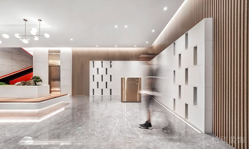 鏤空墻體過道大理石地板內嵌式燈帶木質鏤空墻體辦公室效果圖