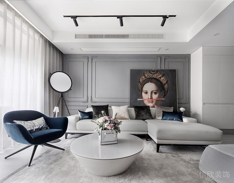 現(xiàn)代簡(jiǎn)約風(fēng)純白客廳沙發(fā)大理石茶幾地毯鋪貼石膏線灰色墻體創(chuàng)意設(shè)計(jì)