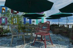 混搭風(fēng)民宿室外花園太陽(yáng)傘效果圖