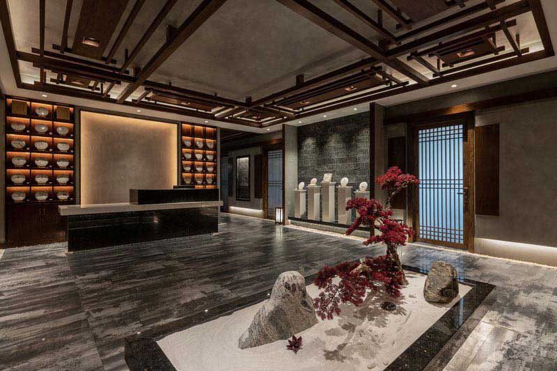 餐廳大廳待客區(qū)前臺形象版收納墻柜裝修中式風(fēng)灰黑色地面的中式設(shè)計效果