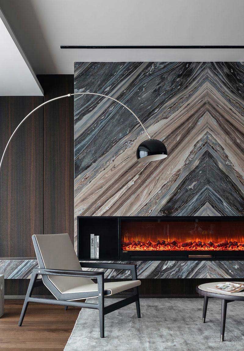 洽談區(qū)背景墻石材撞紋鋪貼效果