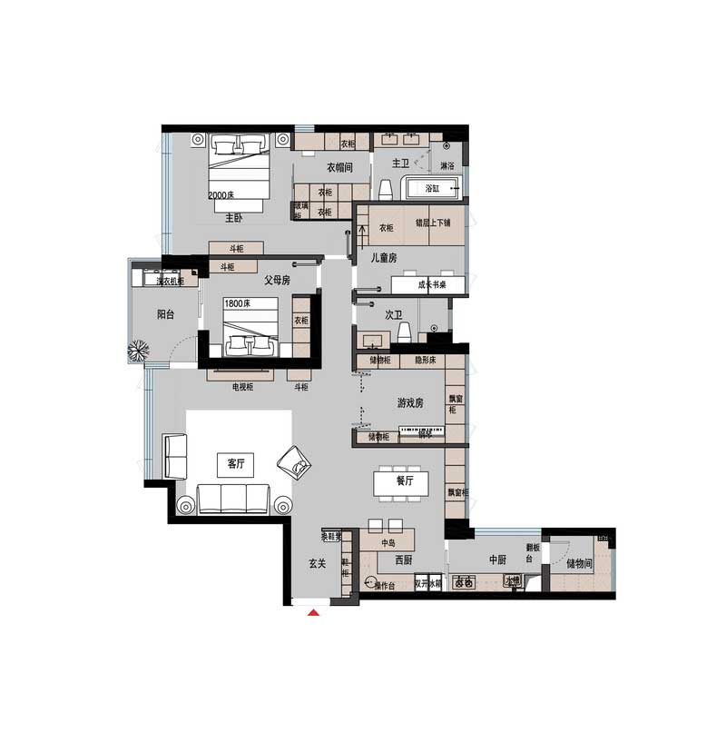 最終定稿平面布置圖，1.在玄關處增加鞋柜的功能，同時做隔斷，圍合式玄關，化解進門正對主臥門的問題。2.保留儲物間，將原生活陽臺擴大作為中廚功能，將原廚房改造為帶中島臺的西廚，將廚房功能進行劃分。3.靠近餐廳的房間在設計師的建議下做成目前的游戲房，活動室和臨時客房使用，將動靜區(qū)劃分。4.主臥在保證主衛(wèi)的舒適尺度下擴大衣帽間的區(qū)域，衣帽間共做三排大衣柜，大大增加收納空間。同時各個房間的儲物空間也逐步增加，但在公共區(qū)域部分做了適當?shù)膬ξ锖筮€是以舒適休閑家庭聚會為主沒有處處都堆滿儲物柜造成擁擠的視覺感。