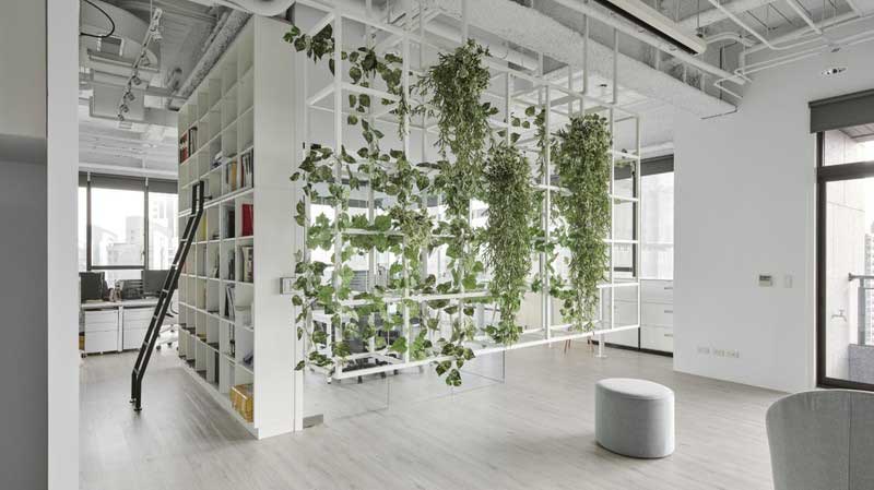 深圳寶安區(qū)淺色系簡約風(fēng)格辦公室裝修綠植裝飾方管架特色懸空隔斷