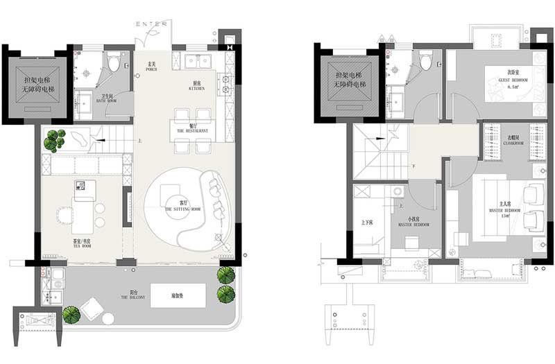 復(fù)式樓平面圖 二層（左）/ 三層（右）