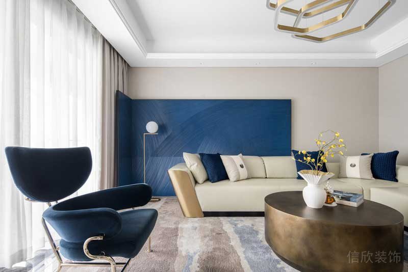 藍色皮革沙發(fā)現(xiàn)代簡約整體創(chuàng)意設計天花吊頂?shù)靥貉b修