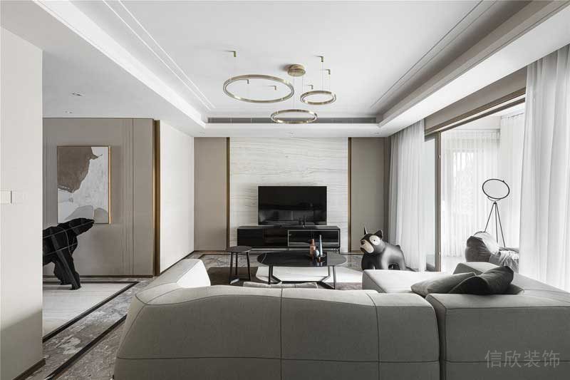 灰色弧線沙發(fā)創(chuàng)意設計天花平頂金屬邊框全屋定制效果