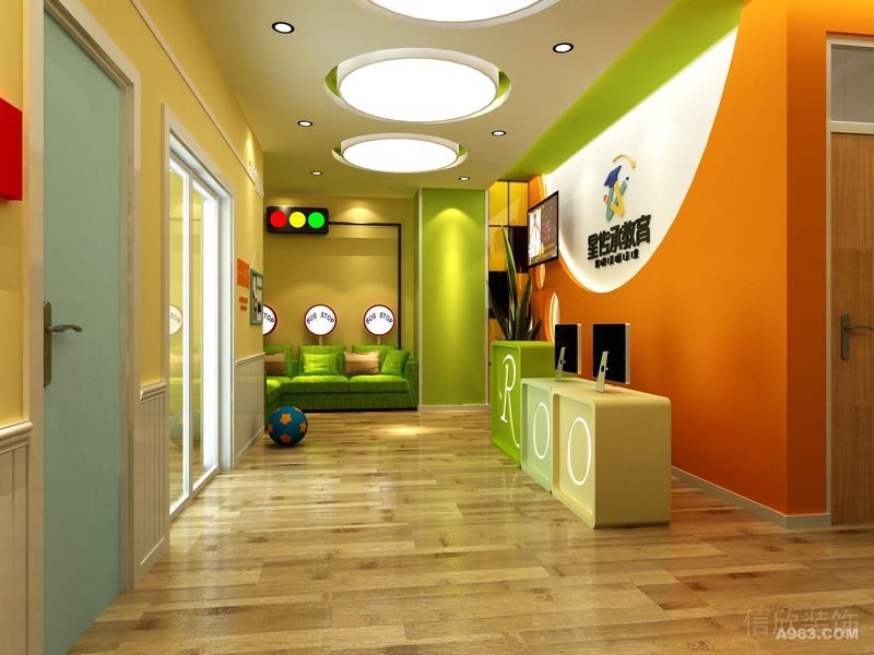 木質(zhì)地板教育培訓(xùn)藝術(shù)中心機構(gòu)裝修吸頂燈金屬環(huán)形設(shè)計