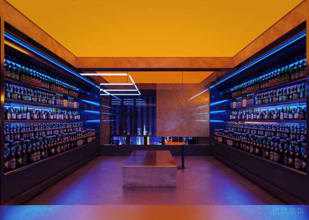 酒吧裝修設計自助式啤酒售賣大理石休息區(qū)暖燈天花創(chuàng)意燈飾設計休息區(qū)