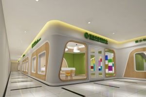 兒童培訓(xùn)機(jī)構(gòu)裝修木質(zhì)墻體玻璃隔斷教室大理石黑白色調(diào)瓷磚鋪貼設(shè)計