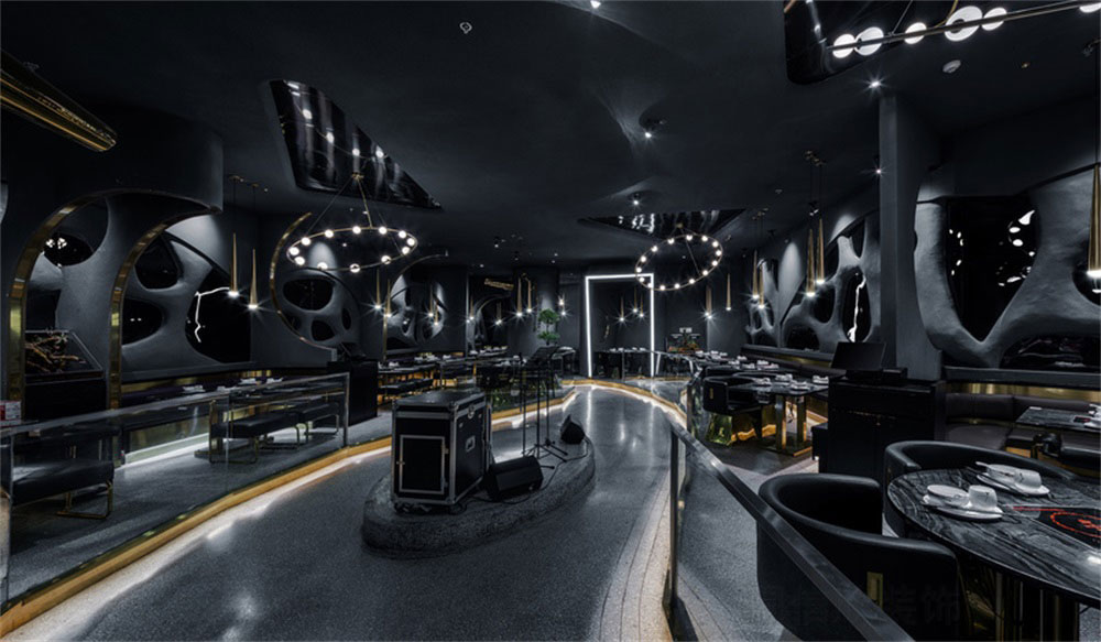 深圳鹽田后現(xiàn)代黑灰色系餐飲店裝修設(shè)計(jì)中島舞臺 深圳鹽田后現(xiàn)代黑灰色系餐飲店裝修設(shè)計(jì)中島舞臺