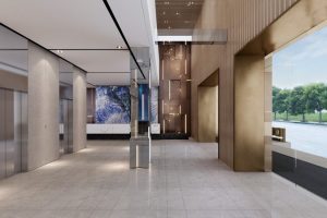 大鵬新區(qū)鑫園廣場現(xiàn)代風(fēng)格辦公室裝修大堂效果圖