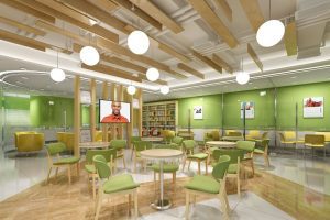 原木風天花吊頂綠色環保色彩設計公共休息區就餐區辦公室裝修機構培訓效果圖