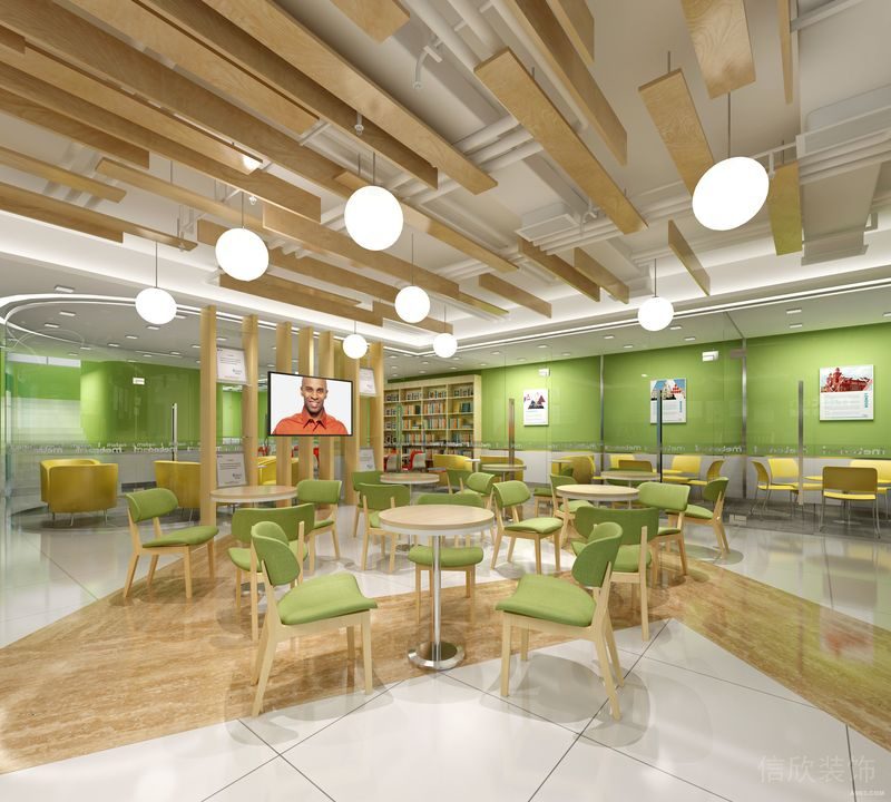 原木風天花吊頂綠色環(huán)保色彩設(shè)計公共休息區(qū)就餐區(qū)辦公室裝修機構(gòu)培訓效果圖