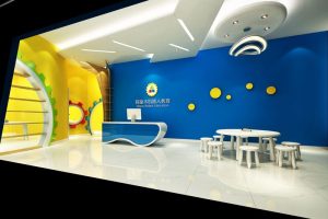 阿童木機(jī)器人教育機(jī)構(gòu)裝修設(shè)計藍(lán)色墻體創(chuàng)意設(shè)計黃色波點簡約休息區(qū)裝修