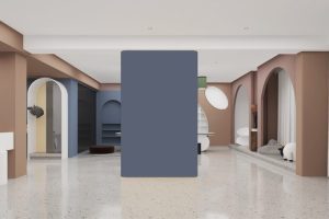 辦公室裝修設計皮粉色撞色木藍色高級色調水磨石創意設計