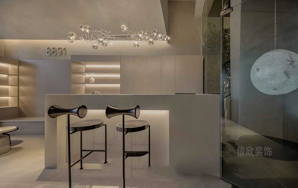 辦公室接待區(qū)米黃色大理石吧臺鐵藝吧凳