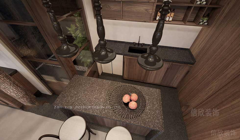 餐廳水磨石餐桌，黑色圓柱形吊燈