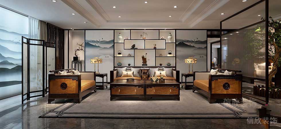 中式屏風墻體內嵌式中國創意水墨畫效果木質沙發洽談室辦公室家具