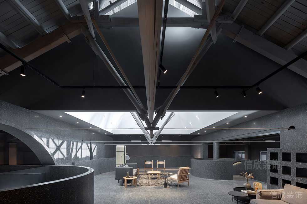 工業風未來科技感現代水磨石地板弧線線條辦公室裝修