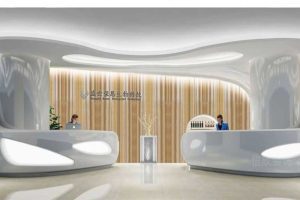 辦公室裝修設(shè)計(jì)工生物科技現(xiàn)代簡(jiǎn)約造型前臺(tái)區(qū)對(duì)稱(chēng)式