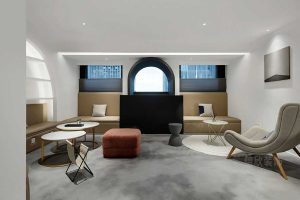 總裁辦公室裝修現代簡約風效果圖拱形黑色休息區(qū)對稱式待客區(qū)裝修