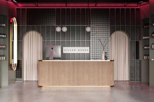 深圳城市裝修設計發(fā)型工作室店鋪裝修對稱式前臺區(qū)環(huán)形金屬設計內(nèi)嵌式墻柜創(chuàng)意效果