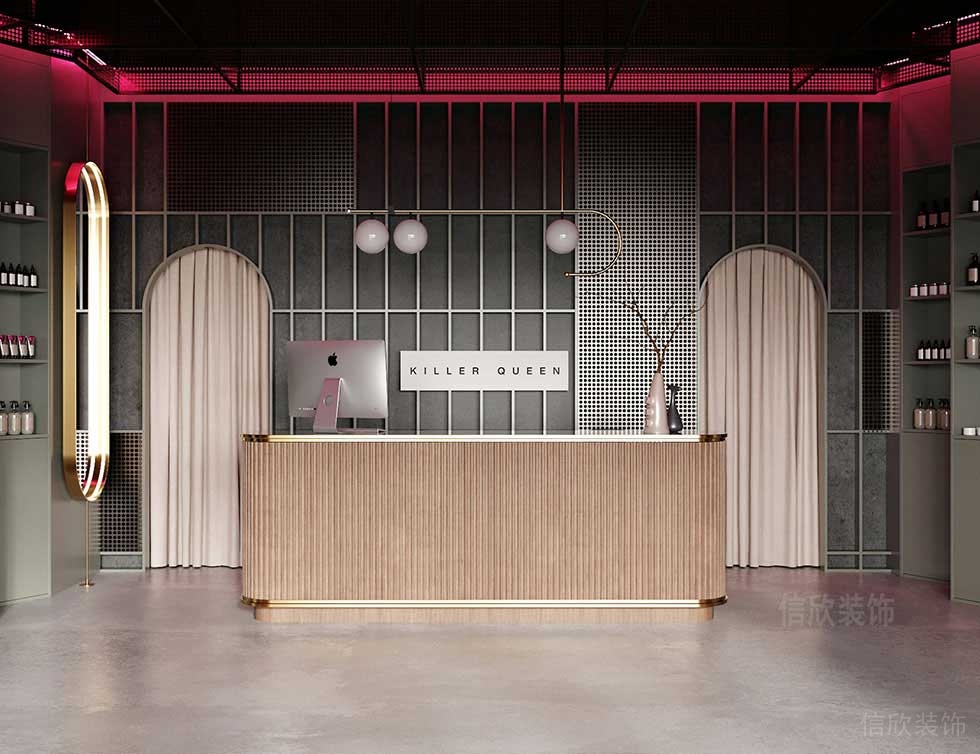 深圳城市裝修設(shè)計(jì)發(fā)型工作室店鋪裝修對(duì)稱式前臺(tái)區(qū)環(huán)形金屬設(shè)計(jì)內(nèi)嵌式墻柜創(chuàng)意效果