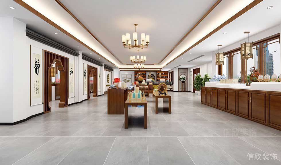 新中式木質(zhì)店鋪裝修文創(chuàng)產(chǎn)品店鋪瓷磚過道鋪貼收納木柜效果圖