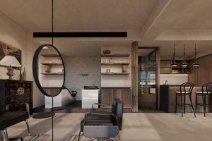 發型設計店鋪裝修復古木質效果圖茶水間休息區大堂效果圖定制圓形天花線條鏡面效果圖