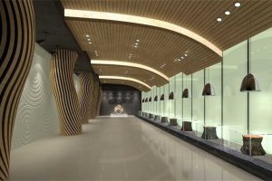 弧形木質(zhì)過(guò)道員工休息區(qū)辦公室裝修設(shè)計(jì)效果圖木質(zhì)天花燈飾效果