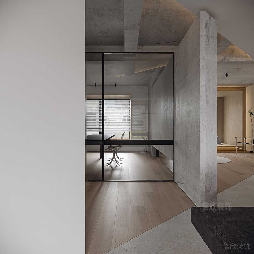 極簡風(fēng)格商務(wù)辦公室過道水泥漆藝術(shù)墻面裝修圖